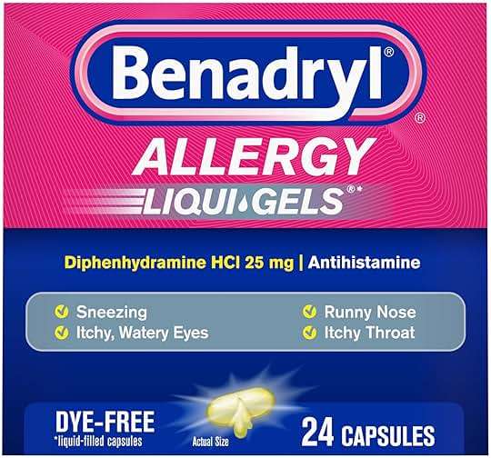 Benadryl Liqui-Gels Allergy Medicine, Dye-Free Liquid Gel Capsules with 25 mg of Diphenhydramine HCl Antihistamine for Relief of Allergy & Cold Symptoms Like Runny Nose & Sneezing, 24 ct - Image 1