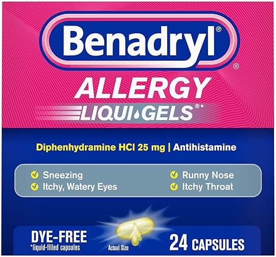 Benadryl Liqui-Gels Allergy Medicine, Dye-Free Liquid Gel Capsules with 25 mg of Diphenhydramine HCl Antihistamine for Relief of Allergy & Cold Symptoms Like Runny Nose & Sneezing, 24 ct - Product Image