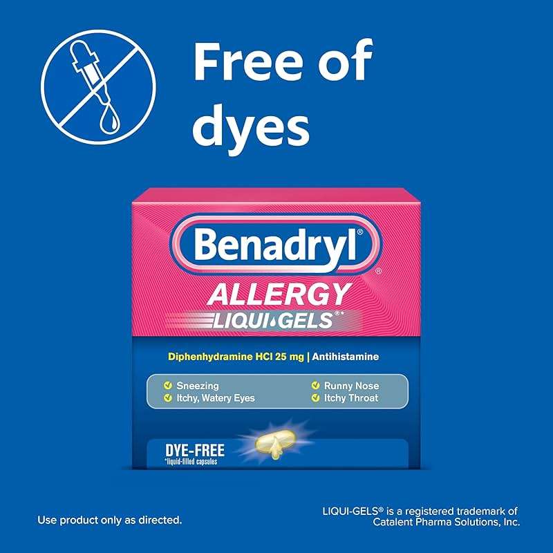 Benadryl Liqui-Gels Allergy Medicine, Dye-Free Liquid Gel Capsules with 25 mg of Diphenhydramine HCl Antihistamine for Relief of Allergy & Cold Symptoms Like Runny Nose & Sneezing, 24 ct - Image 3