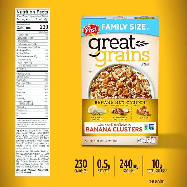 Great Grains Banana Nut Crunch Breakfast Cereal, 15.5 oz Box | Made with Whole Grain, Non-GMO, Heart Healthy - Image 5