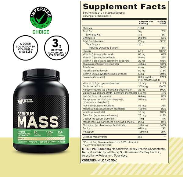Optimum Nutrition Serious Mass, Weight Gainer Protein Powder, Mass Gainer, Vitamin C and Zinc for Immune Support, Creatine, Vanilla, 6 Pound (Packaging May Vary) - Image 6