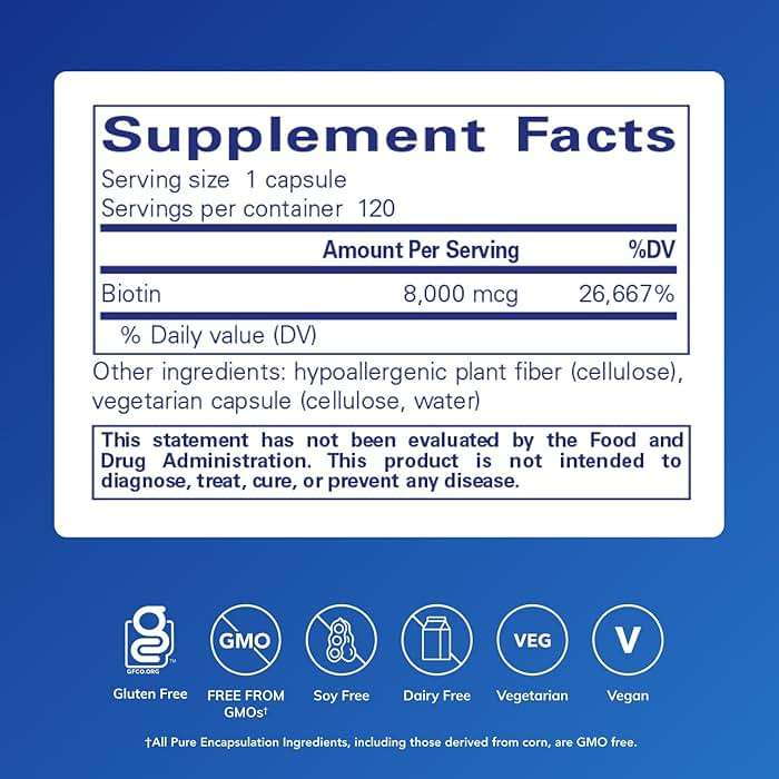 Pure Encapsulations Biotin 8 mg - B Vitamin Supplement to Aid Stress Relief, Hair, Skin & Nail Strengthening, Metabolism, Carbohydrate Support & Nervous System* - with Premium Biotin - 120 Capsules - Image 2