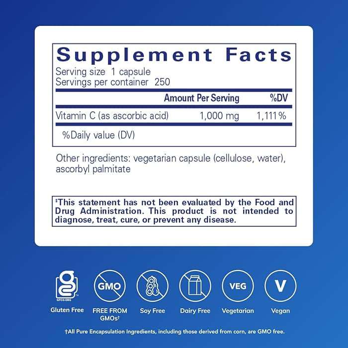 Pure Encapsulations Ascorbic Acid Capsules - 1,000 mg Vitamin C - Antioxidant & Immune Support* - High-Potency Vitamin C - Vegan & Non-GMO - 250 Capsules - Image 2