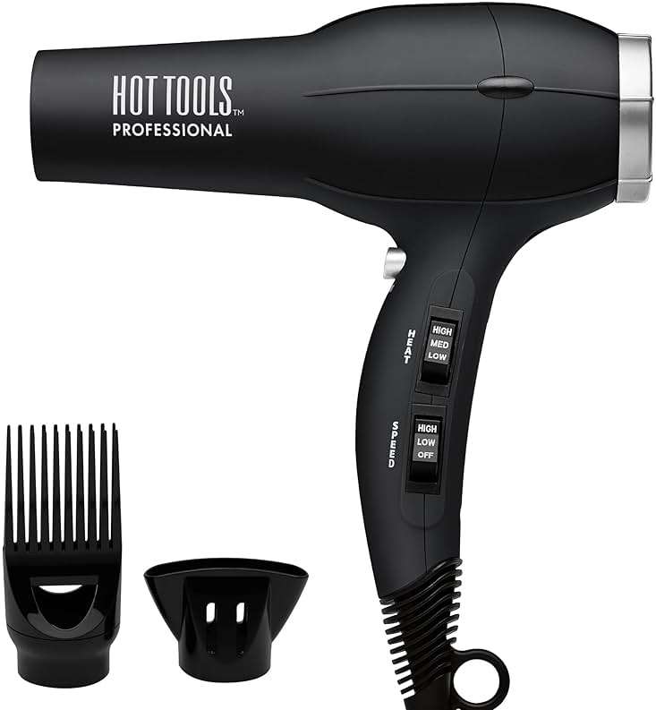 Hot Tools Pro Artist Turbo Ionic Hair Dryer, 1875W High Airflow for Fast Drying, Lightweight Design, Frizz Control, Diffuser and Concentrator, Multiple Heat Settings, Cool Shot, Black - Image 1