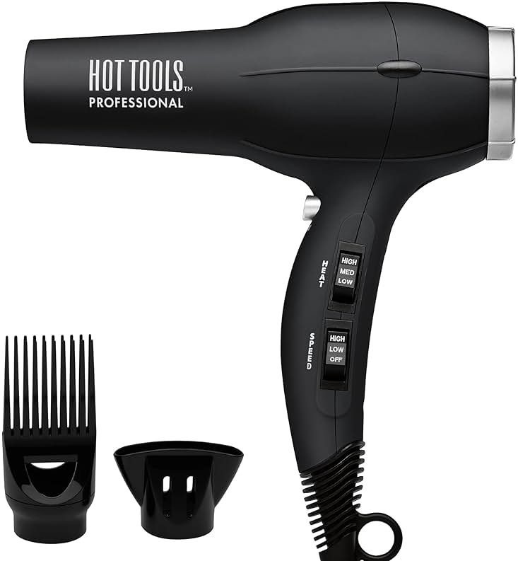 Hot Tools Pro Artist Turbo Ionic Hair Dryer, 1875W High Airflow for Fast Drying, Lightweight Design, Frizz Control, Diffuser and Concentrator, Multiple Heat Settings, Cool Shot, Black - Product Image