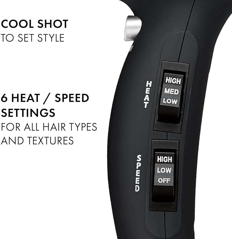 Hot Tools Pro Artist Turbo Ionic Hair Dryer, 1875W High Airflow for Fast Drying, Lightweight Design, Frizz Control, Diffuser and Concentrator, Multiple Heat Settings, Cool Shot, Black - Image 3