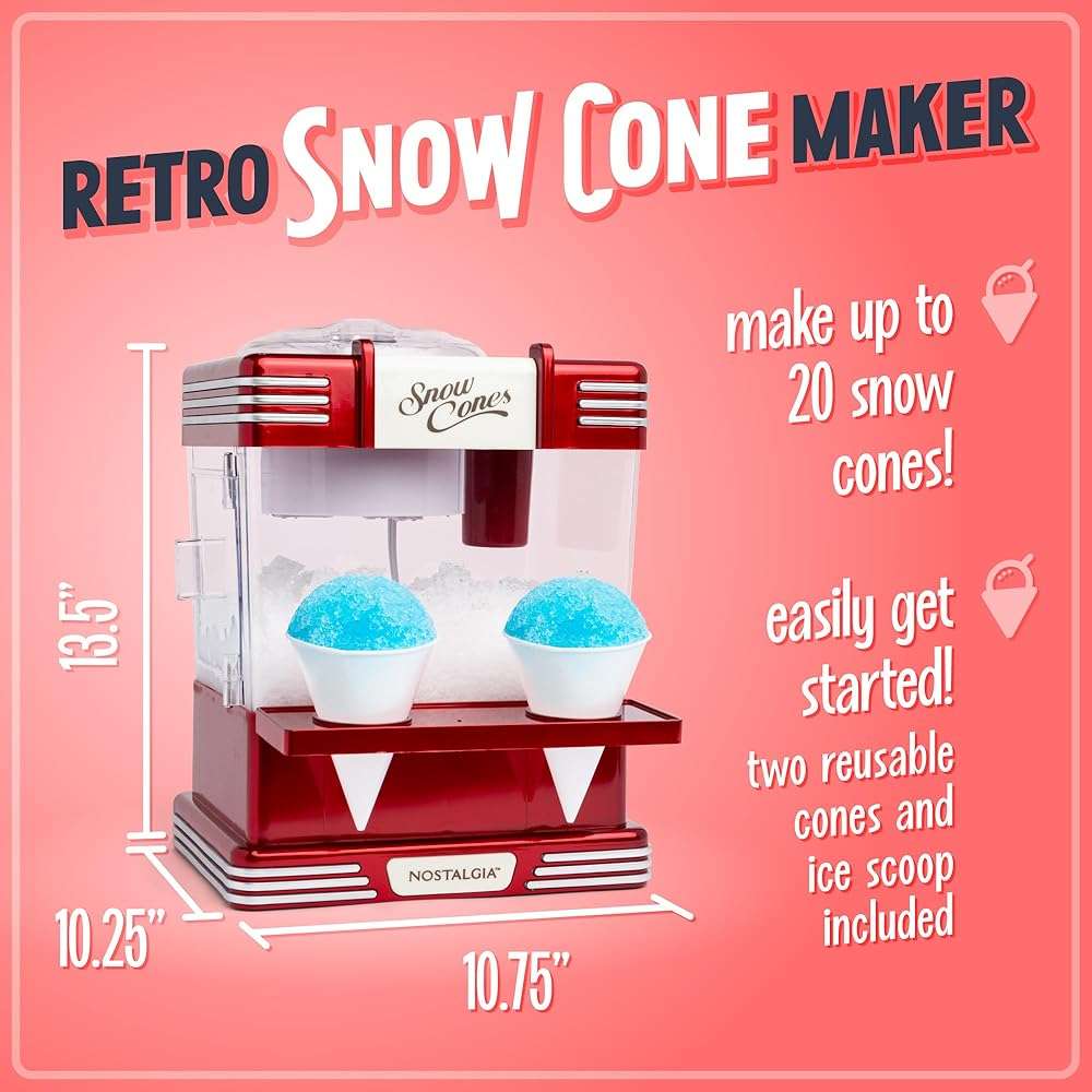 Nostalgia Snow Cone Shaved Ice Machine - Retro Table-Top Slushie Machine Makes 20 Icy Treats - Includes 2 Reusable Plastic Cups & Ice Scoop - Retro Red - Image 3