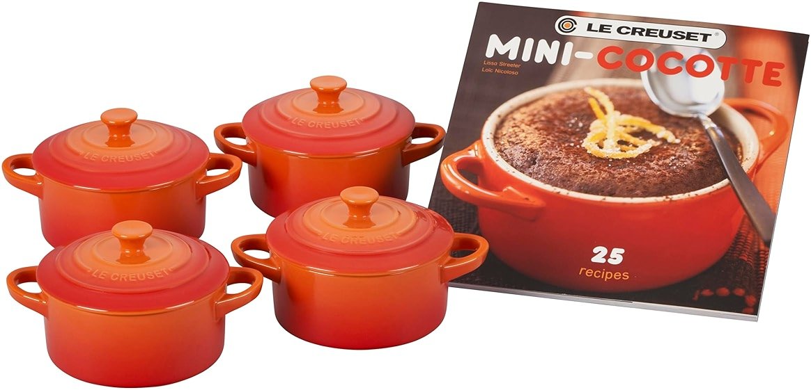 Le Creuset Stoneware Set of 4 Mini Cocottes with Cookbook, 8 oz. each, Flame - Product Image
