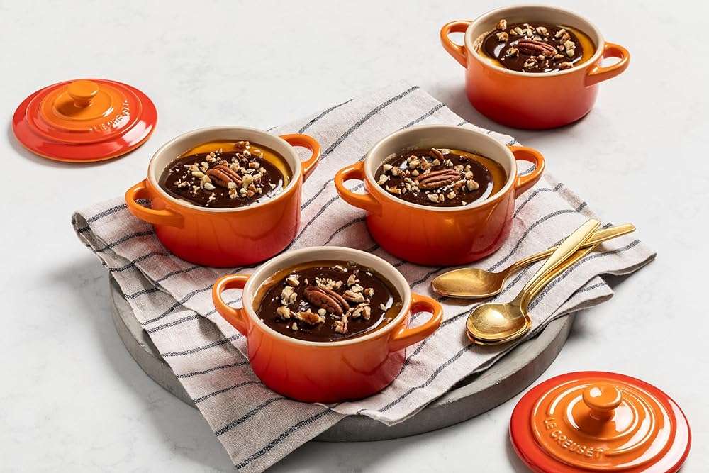 Le Creuset Stoneware Set of 4 Mini Cocottes with Cookbook, 8 oz. each, Flame - Image 2