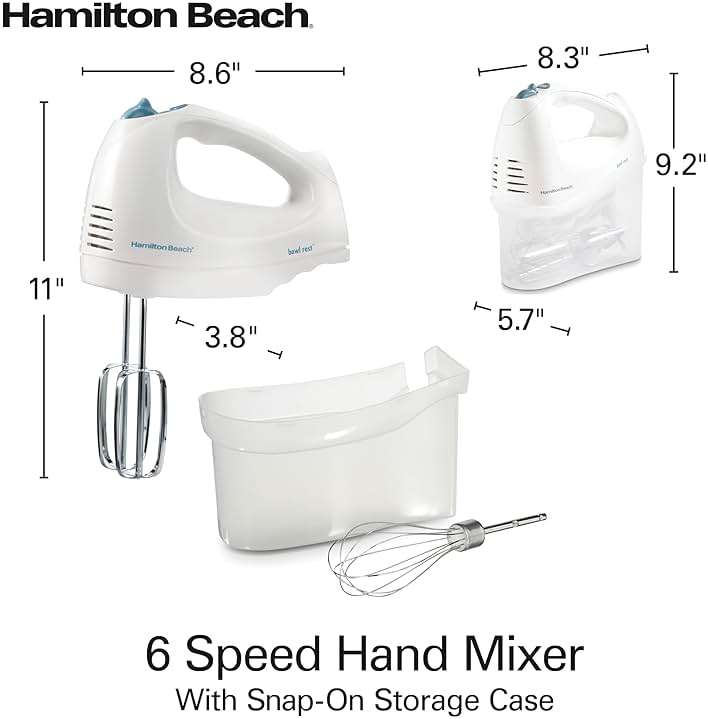 Hamilton Beach 6-Speed Electric Hand Mixer with Whisk, Traditional Beaters, Snap-On Storage Case, 250 Watts, White - Image 3