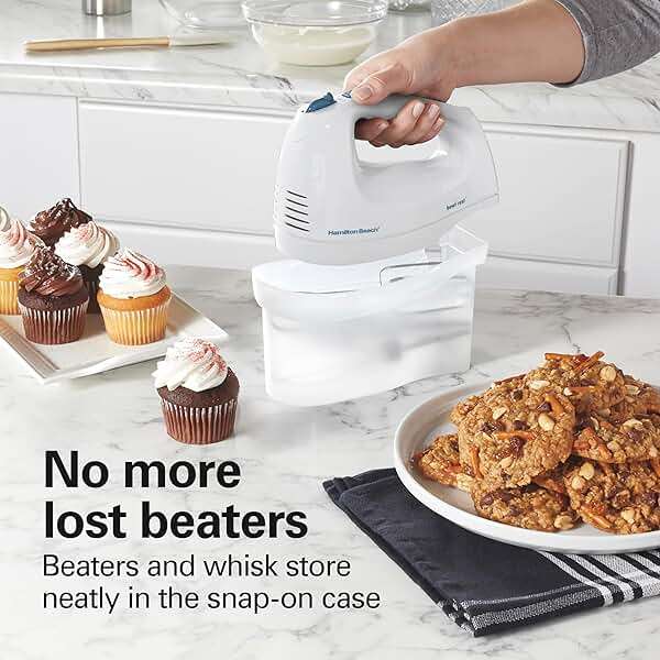 Hamilton Beach 6-Speed Electric Hand Mixer with Whisk, Traditional Beaters, Snap-On Storage Case, 250 Watts, White - Image 4