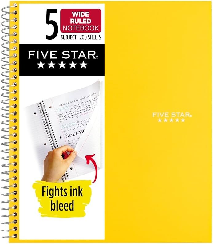 Five Star Spiral Notebook, 5 Subject, Wide Ruled Paper, Fights Ink Bleed, Water Resistant Cover, 8" x 10-1/2", 200 Sheets, Color Will Vary (05206) - Product Image