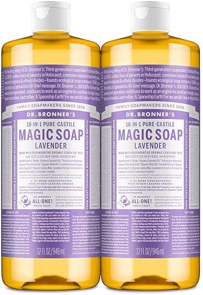 Dr. Bronner's Magic Soap - Pure-Castile Liquid Soap (Lavender, 32 ounce, 2-Pack) -Regenerative Organic Certified Oils, 18-in-1 Uses: Body, Hair, Laundry, Pets & Dishes, Concentrated, Vegan, Non-GMO - Product Image