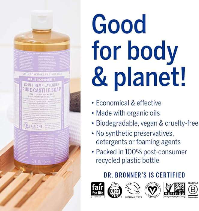 Dr. Bronner's Magic Soap - Pure-Castile Liquid Soap (Lavender, 32 ounce, 2-Pack) -Regenerative Organic Certified Oils, 18-in-1 Uses: Body, Hair, Laundry, Pets & Dishes, Concentrated, Vegan, Non-GMO - Image 4