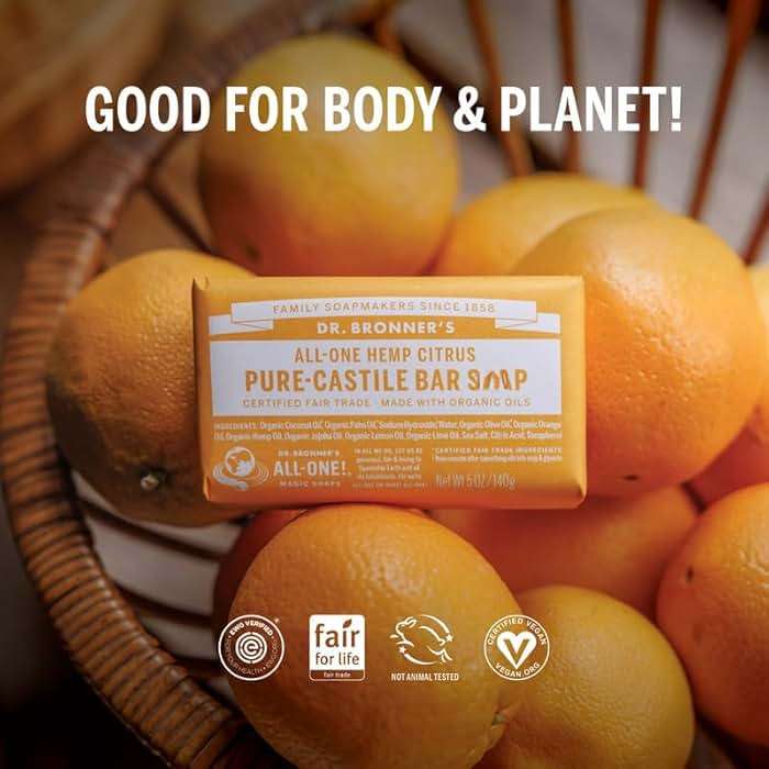 Dr. Bronner's Pure-Castile Magic Soap Bar (Citrus, 5 oz, 6-Pack)- Bath Soap with Regenerative Organic Certified Oils - For Face, Body & Hair - Gentle, Vegan - Bars for Men & Women - Image 3