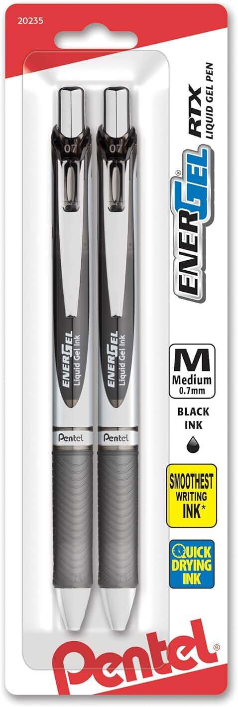 Pentel EnerGel RTX Retractable Liquid Gel Pen, (0.7mm), Medium Line, Metal Tip, Black Ink, Pack of 2 (BL77BP2A) - Image 1
