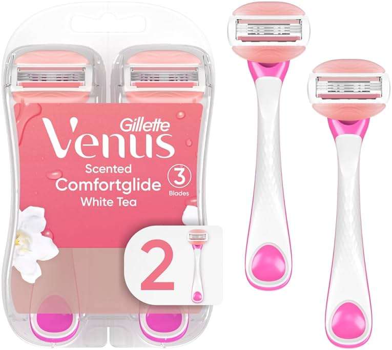 Gillette Venus ComfortGlide Disposable Razors for Women, 2 Count, White Tea Scented Moisture Bars for a Smooth Shave - Image 1