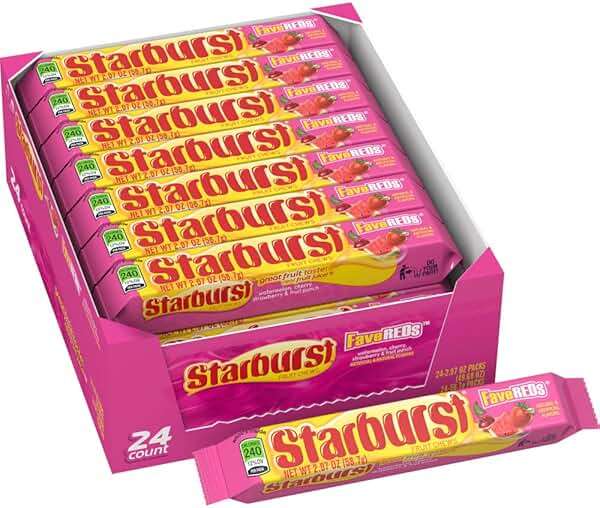 STARBURST FaveREDS Chewy Candy Bulk Pack, 24 Full Size Packs, Red Candy Bulk Box - Image 1