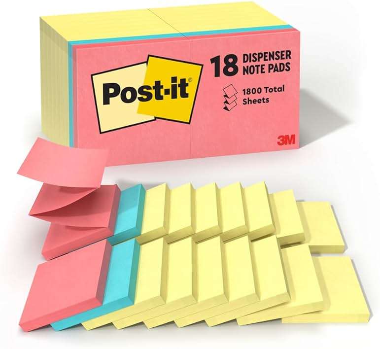 Post-it Pop-up Notes, 18 Sticky Note Pads, 3 x 3 in., School Supplies, Office Products, Accordion Sticky Notes Work with Pop-Up Note Dispenser, Assorted Colors - Image 1
