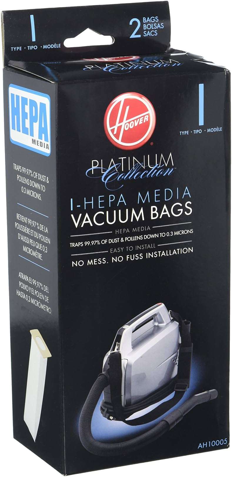Hoover Vacuum Cleaner Bags for Platinum Canister Vacs, Pack of 2, Type I, Hepa Filtration, Part # AH10005, Hoover Vacuum Bags Refill - Image 1