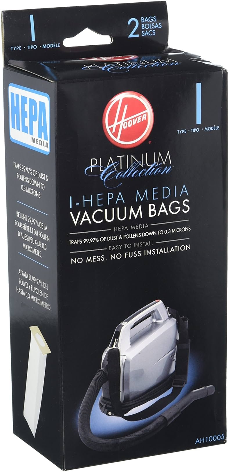 Hoover Vacuum Cleaner Bags for Platinum Canister Vacs, Pack of 2, Type I, Hepa Filtration, Part # AH10005, Hoover Vacuum Bags Refill - Product Image
