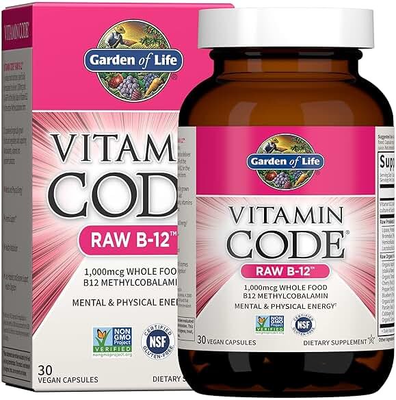 Garden of Life Vitamin Code Raw B-12 - 30 Capsules, 1,000mcg Whole Food B12 Methylcobalamin for Energy, Vegan Methylcobalamin Vitamin plus Probiotics and Enzymes, Gluten Free Supplements - Product Image