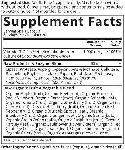 Garden of Life Vitamin Code Raw B-12 - 30 Capsules, 1,000mcg Whole Food B12 Methylcobalamin for Energy, Vegan Methylcobalamin Vitamin plus Probiotics and Enzymes, Gluten Free Supplements - Image 7