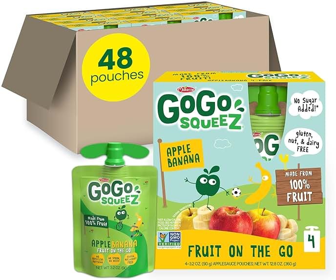 GoGo squeeZ Applesauce and Fruit Puree, Apple Banana, 3.2 oz (Pack of 48), Unsweetened Fruit Snacks for Kids, Gluten Free, Nut Free and Dairy Free, BPA Free Pouches (Packaging May Vary) - Product Image