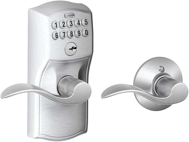 Schlage Camelot Keypad Lock with Lever Handle, Electronic Keyless Door Entry, Auto‑Lock Enabled, Satin Chrome, FE575 CAM 626 ACC - Image 1
