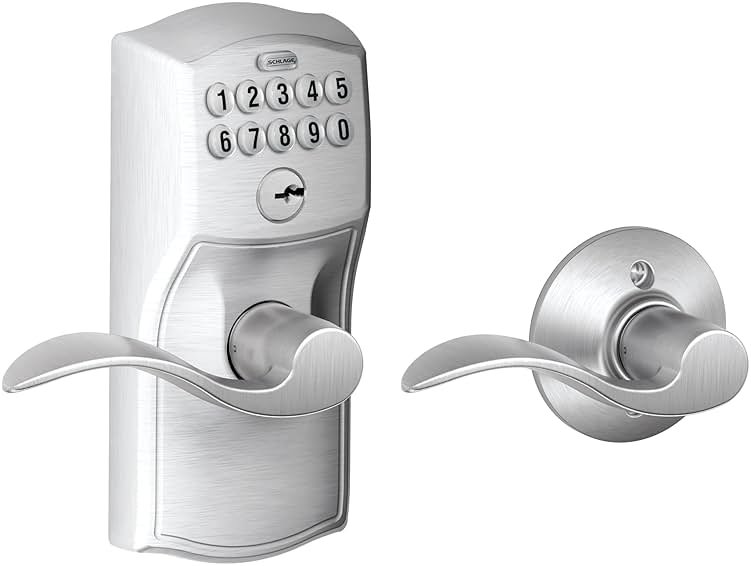 Schlage Camelot Keypad Lock with Lever Handle, Electronic Keyless Door Entry, Auto‑Lock Enabled, Satin Chrome, FE575 CAM 626 ACC - Product Image