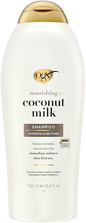 OGX Nourishing + Coconut Milk Shampoo, Hydrating & Restoring Shampoo Moisturizes for Soft Hair After the First Use, Paraben-Free, Sulfate-Free Surfactants, 25.4 fl. oz - Product Image