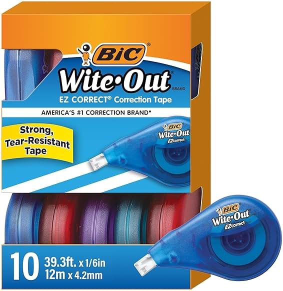 BIC Wite-Out EZ Correct Tear-Resistant Correction Tape with 39.3 ft of Tape, 10-Count Pack in White - Product Image