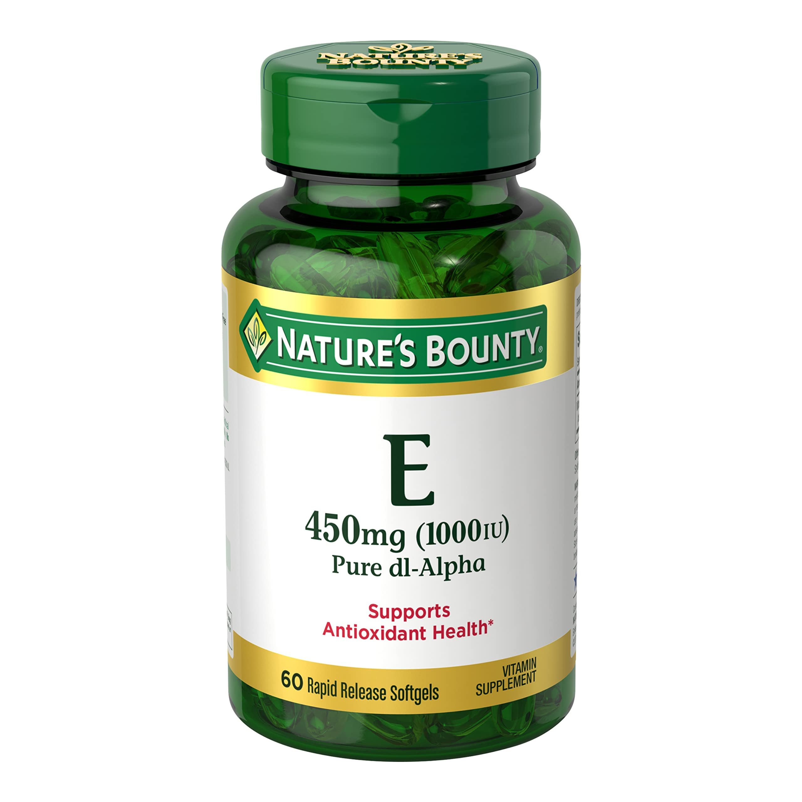 Nature's Bounty Vitamin E 1000 IU Softgels, Supports Antioxidant Health & Immune System, 1 Serving per Day, No Gluten, 60 Softgels (Pack of 1) - Product Image
