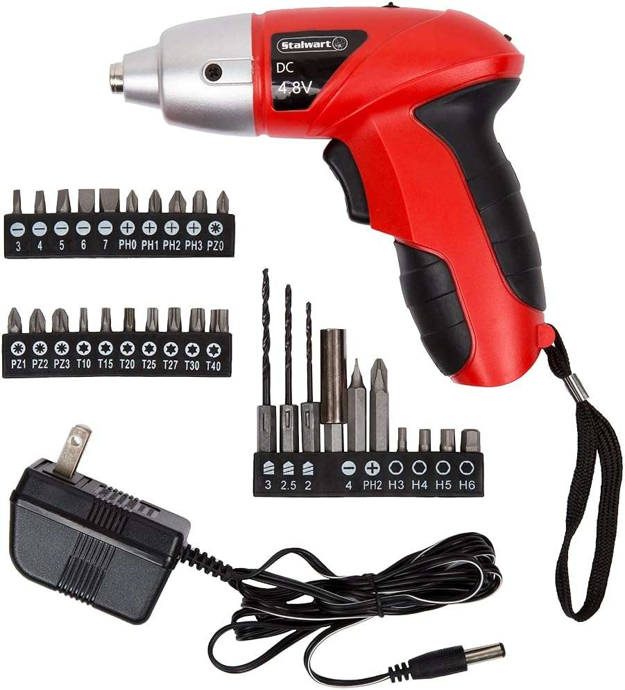 25-Piece Electric Screwdriver Set - Cordless Drill with LED Work Light, Automatic Spindle Lock, and Screw Driver Bits by Stalwart (Red) - Image 1