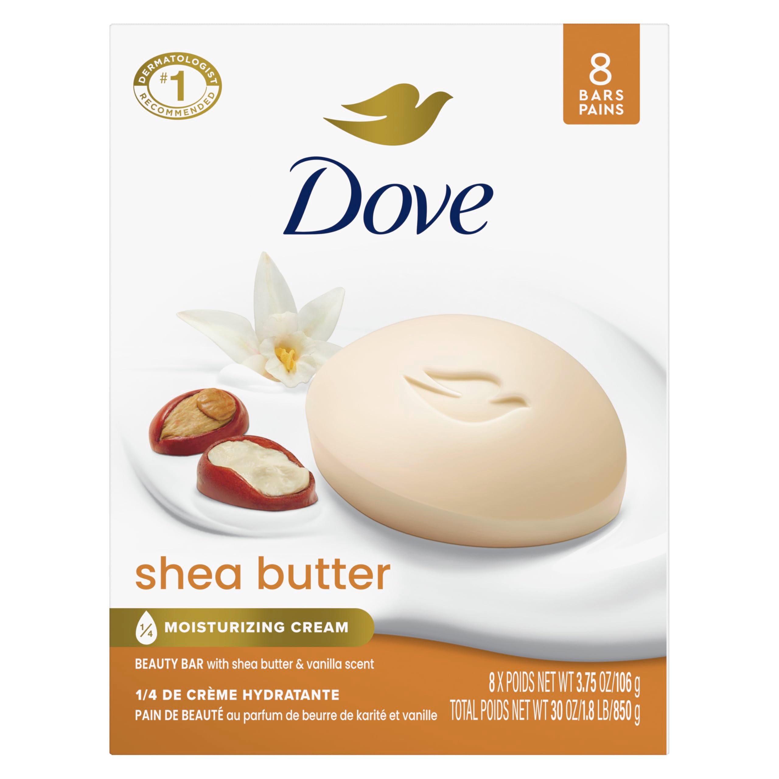 Dove Beauty Bar Soap Shea Butter, 8 Bars for Nourished, Radiant Skin, Enriches Skin 3.75 oz - Product Image