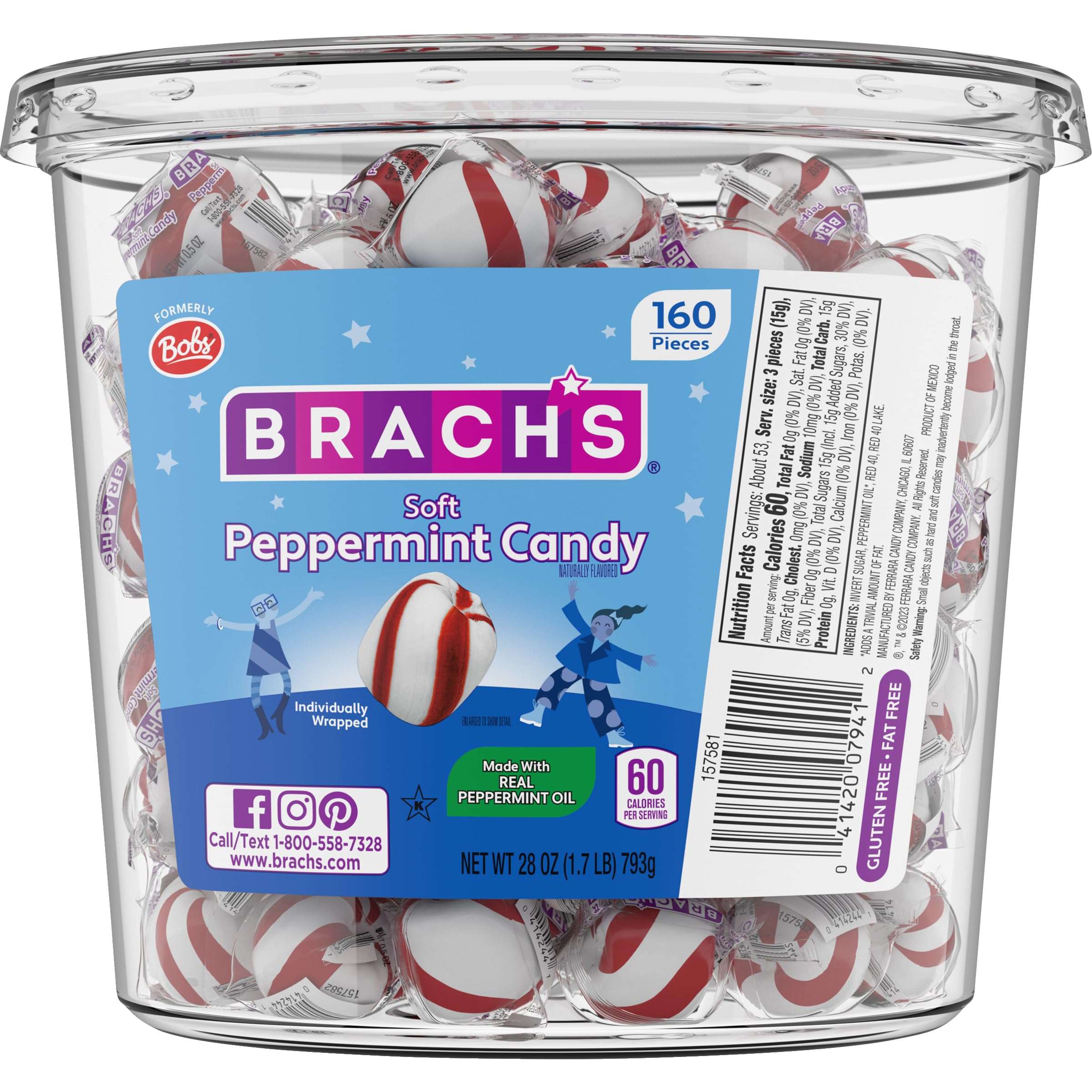 Brach's Bobs Sweet Stripes Soft Peppermint Candy, 160 Individually-Wrapped Pieces, 28 Ounce Jar - Image 1
