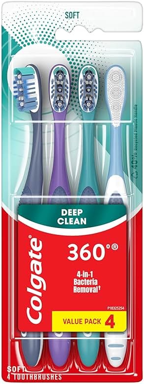 Colgate 360 Soft Toothbrushes, 4 Pack | Soft Bristles, Tongue And Cheek Cleaner, Removes Odour Bacteria, Whole Mouth Clean, Bulk Pack - Product Image