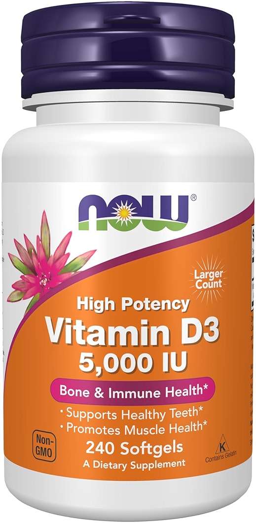 NOW Foods Supplements, Vitamin D-3 5,000 IU, High Potency, Structural Support*, 240 Softgels - Image 1