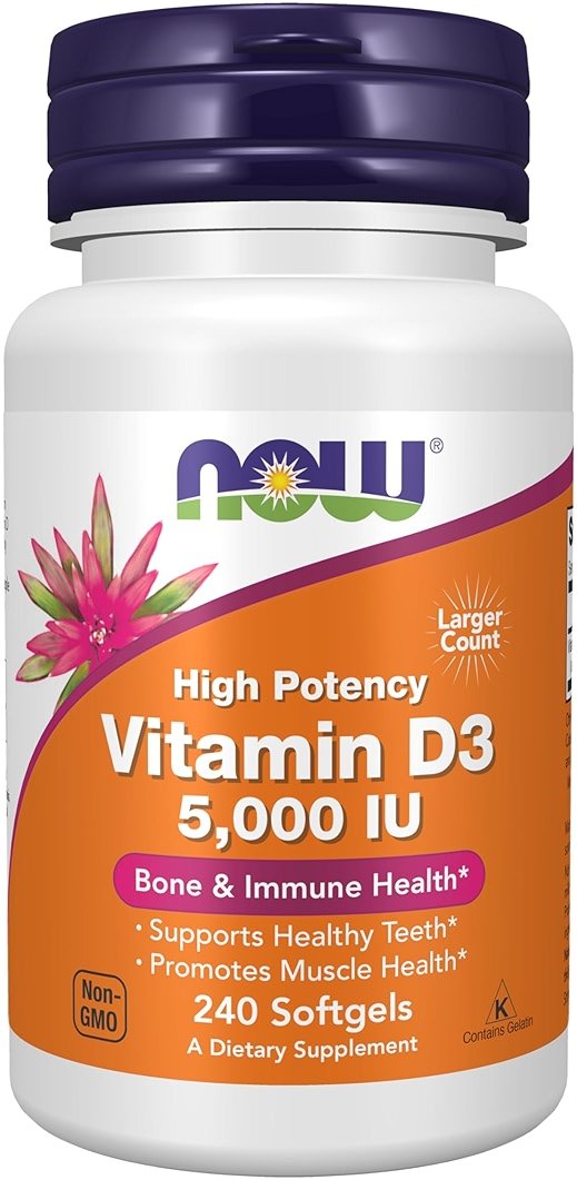 NOW Foods Supplements, Vitamin D-3 5,000 IU, High Potency, Structural Support*, 240 Softgels - Product Image