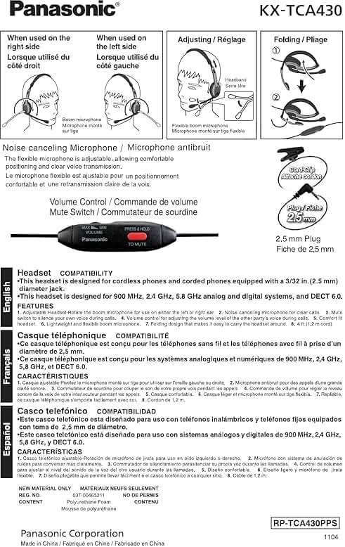 Panasonic Comfort Fit Headset for TCA Series Cordless Landline Phones, Foldable Headset with Flexible Noise-Cancelling Microphone and Volume Control, 2.5 mm Plug, Grey/Silver KX-TCA430 - Image 5