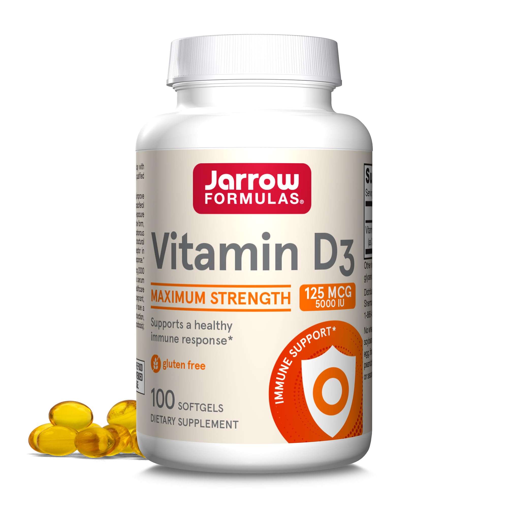 Jarrow Formulas Vitamin D3 125 mcg (5000 IU) - 100 Servings (Softgels) - Bone Health, Immune Support & Calcium Metabolism Support - Vitamin D Supplement - D3 Vitamins - 5000 IU Vitamin D - Gluten Free - Image 1