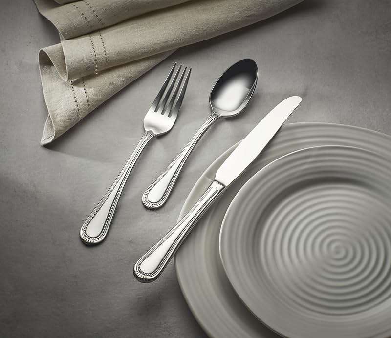 Oneida Silverware Set For 8, Countess 45-Piece Everyday Flatware Set with Serving Utensils, Service For 8, Bead Pearl, 18/0 Stainless Steel, Dishwasher Safe,Knives Spoons & Forks Set (Silver 45 Piece) - Image 2