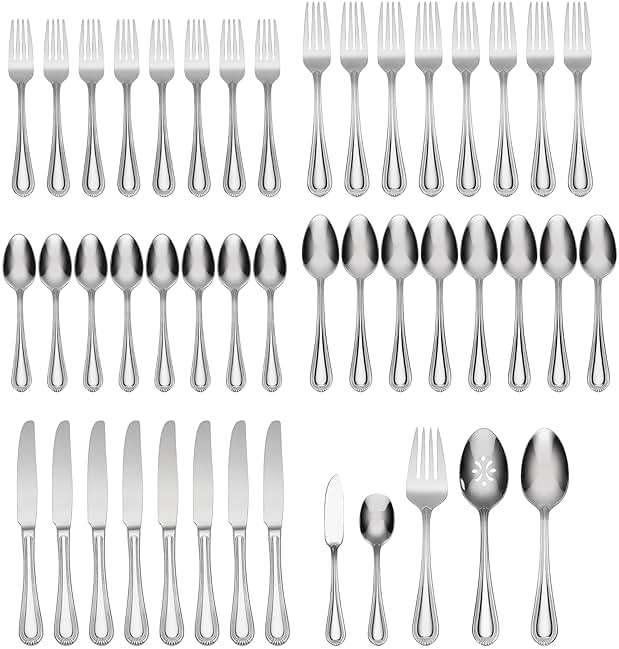 Oneida Silverware Set For 8, Countess 45-Piece Everyday Flatware Set with Serving Utensils, Service For 8, Bead Pearl, 18/0 Stainless Steel, Dishwasher Safe,Knives Spoons & Forks Set (Silver 45 Piece) - Image 3