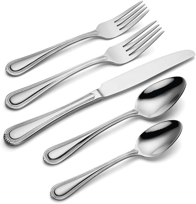Oneida Silverware Set For 8, Countess 45-Piece Everyday Flatware Set with Serving Utensils, Service For 8, Bead Pearl, 18/0 Stainless Steel, Dishwasher Safe,Knives Spoons & Forks Set (Silver 45 Piece) - Image 4