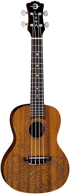 Luna Tattoo Concert Mahogany Ukulele with Gig Bag, Satin Natural - Image 1