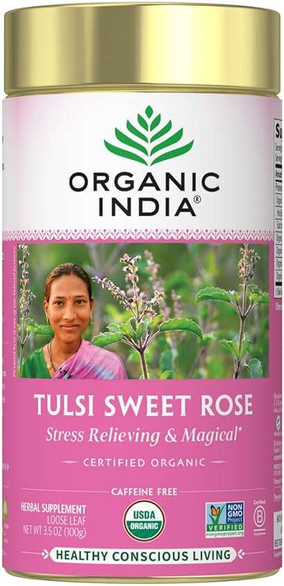 ORGANIC INDIA Tulsi Sweet Rose Herbal Tea - Holy Basil Leaf, African Basil, Chamomilie, Lemon Myrtle, Stress Relieving, Immune Support, USDA Certified Organic, Caffeine-Free - 3.5 oz Canister - Image 1