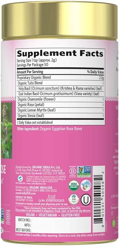 ORGANIC INDIA Tulsi Sweet Rose Herbal Tea - Holy Basil Leaf, African Basil, Chamomilie, Lemon Myrtle, Stress Relieving, Immune Support, USDA Certified Organic, Caffeine-Free - 3.5 oz Canister - Image 2