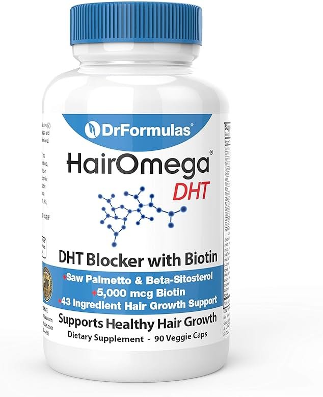 DrFormulas DHT Blocker for Men and Women | HairOmega Advanced Hair Growth Supplements with Biotin 5000 mcg | Hair Loss Vitamins Pills, 45 Day Supply - Product Image