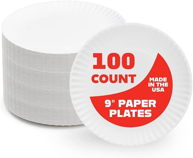 Hygloss Bulk Paper Plates 9-Inch - Uncoated Large Plain White Disposable Plates for Party, Dinner, Foodware, Events, Crafts & More - Environmentally Friendly - Recyclable & Microwave Safe (100 Count) - Product Image