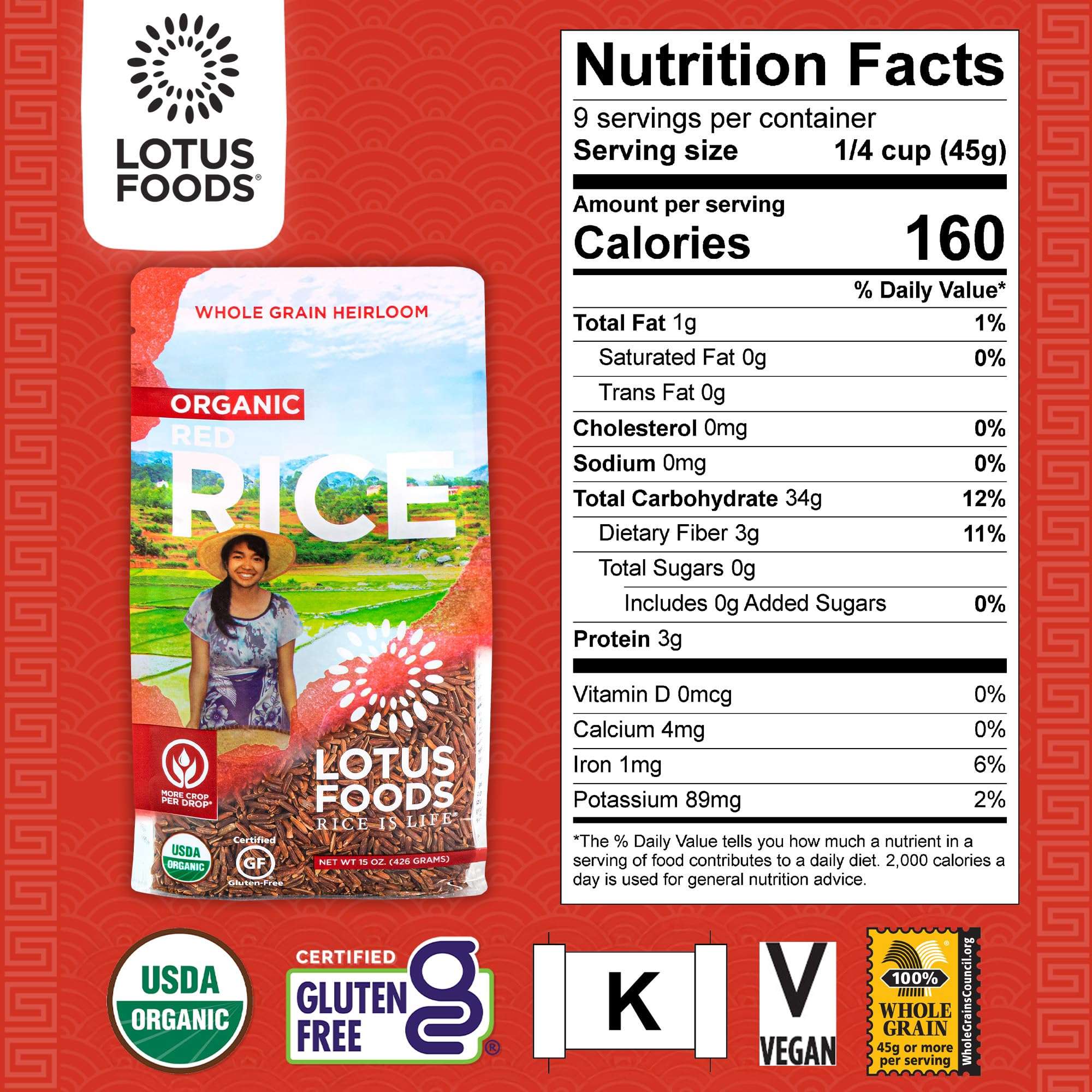 Lotus Foods Organic Red Rice - Red Rice Organic, Rice Red, Whole Grain Rice, Long Grain Asian Sticky Rice, USDA Organic, Non-GMO, Gluten Free - 15 Oz Bag (Pack of 6) - Image 4